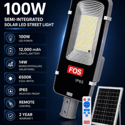 FOS 100W Semi-Integrated Solar LED Street Light specifications with solar panel and remote control