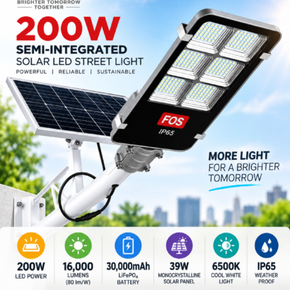 FOS 200W Semi-Integrated Solar LED Street Light specifications with solar panel and remote control