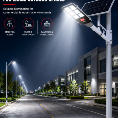 FOS 200W Semi-Integrated Solar LED Street Light illuminating an outdoor road at night