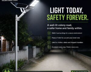 FOS 200W Semi-Integrated Solar LED Street Light illuminating a residential colony outdoor road at night