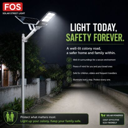 FOS 200W Semi-Integrated Solar LED Street Light illuminating a residential colony outdoor road at night