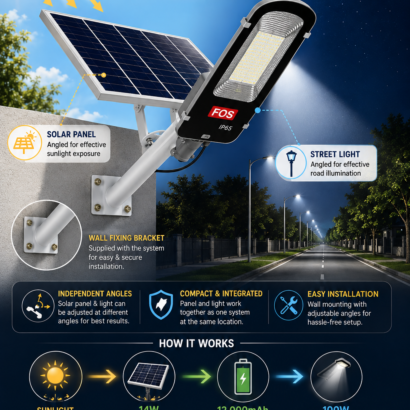 FOS 100W Semi-Integrated Solar LED Street Light design with separate monocrystalline solar panel