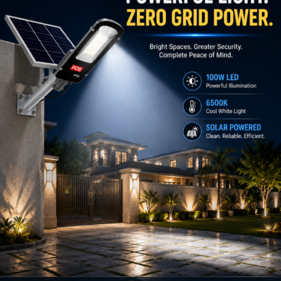 FOS 100W Semi-Integrated Solar LED Street Light illuminating an outdoor area at night
