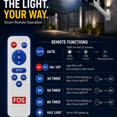 FOS 100W Semi-Integrated Solar LED Street Light remote control and timer functions