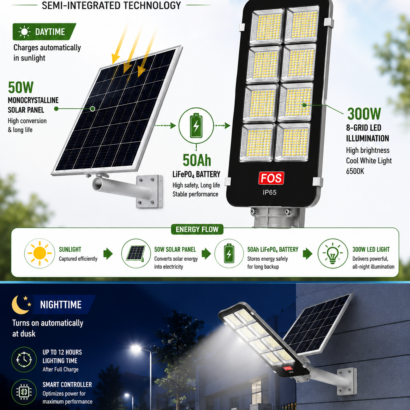 FOS 300W Semi-Integrated Solar LED Street Light technology with separate solar panel and integrated battery