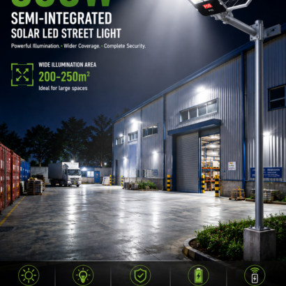 FOS 300W Semi-Integrated Solar LED Street Light illuminating a residential outdoor area at night