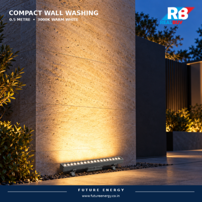 REALBUY 18W compact wall washer illuminating an outdoor entrance wall in 3000K warm white
