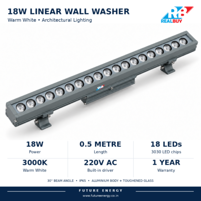 REALBUY 18W wall washer specifications: 0.5 metre, 18 LEDs, 3000K warm white, 220V AC and one-year warranty