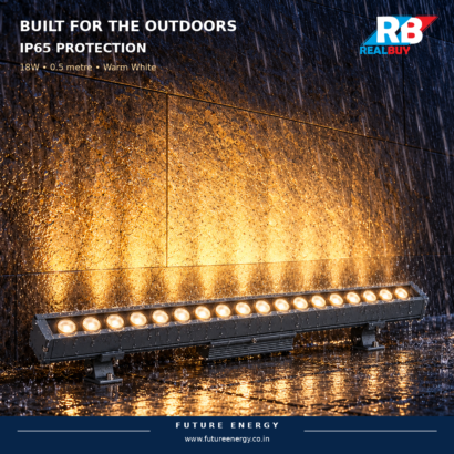 REALBUY 18W wall washer casting warm white light on a wet exterior wall in an IP65 protection illustration