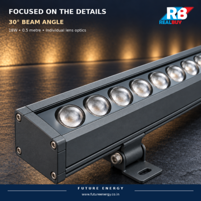 Close-up of individual lenses on the REALBUY 18W wall washer, illustrating its focused 30-degree beam