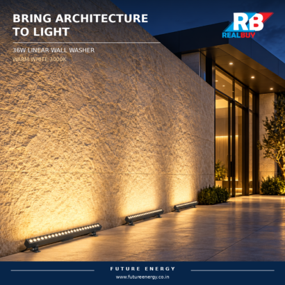 REALBUY 36W warm white wall washers illuminating a textured exterior wall beside a modern entrance