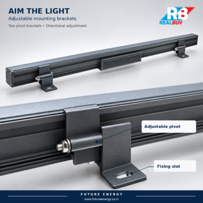 Rear view of REALBUY 36W wall washer with close-up of the adjustable pivot and bracket fixing slot