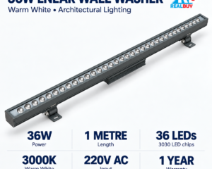REALBUY 36W wall washer specifications: 1 metre, 36 LEDs, 3000K warm white, 220V AC and one-year warranty