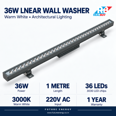 REALBUY 36W wall washer specifications: 1 metre, 36 LEDs, 3000K warm white, 220V AC and one-year warranty
