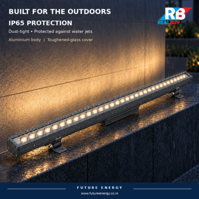 REALBUY 36W wall washer illuminating a wet outdoor wall, illustrating IP65 dust and water-jet protection