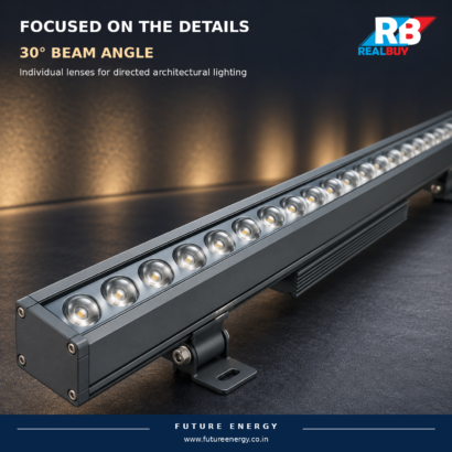 Close-up of REALBUY 36W wall washer lenses with a warm white wall-lighting example and 30-degree beam information