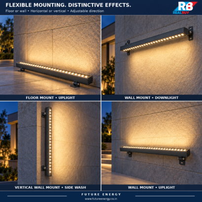 REALBUY wall washer mounting examples showing floor uplight, wall downlight, vertical side wash and wall uplight