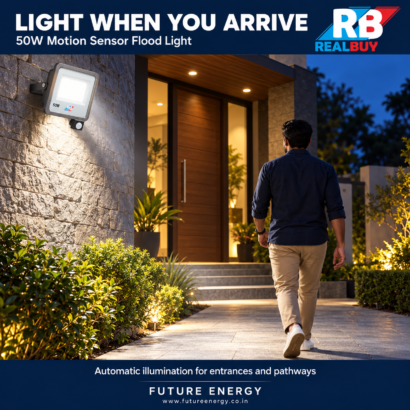 REALBUY 50W motion sensor flood light illuminating a commercial outdoor area