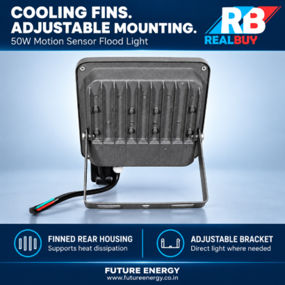 Rear view of REALBUY 50W motion sensor flood light showing heat-sink fins and mounting bracket