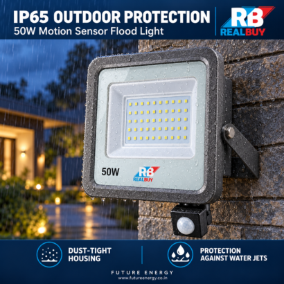REALBUY 50W motion sensor flood light illustrating IP65 outdoor protection