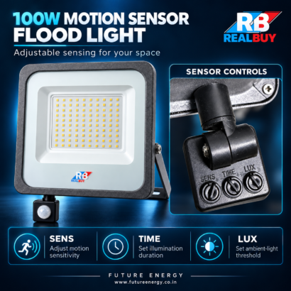 REALBUY motion sensor flood light showing sensitivity time delay and lux adjustment controls