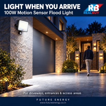 REALBUY 100W motion sensor flood light illuminating a commercial outdoor area