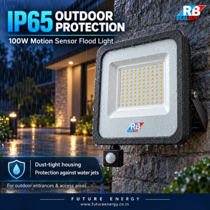REALBUY 100W motion sensor flood light illustrating IP65 outdoor protection