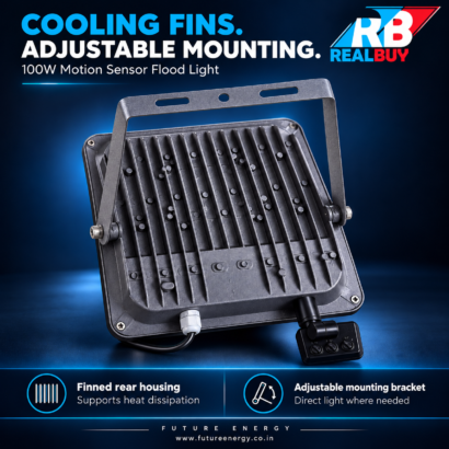 Rear view of REALBUY 100W motion sensor flood light showing heat-sink fins and mounting bracket