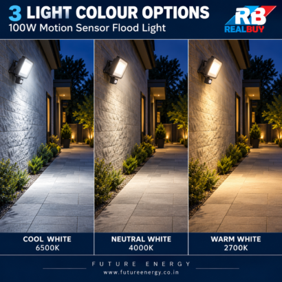 REALBUY 100W motion sensor flood light comparing Warm White Neutral White and Cool White illumination