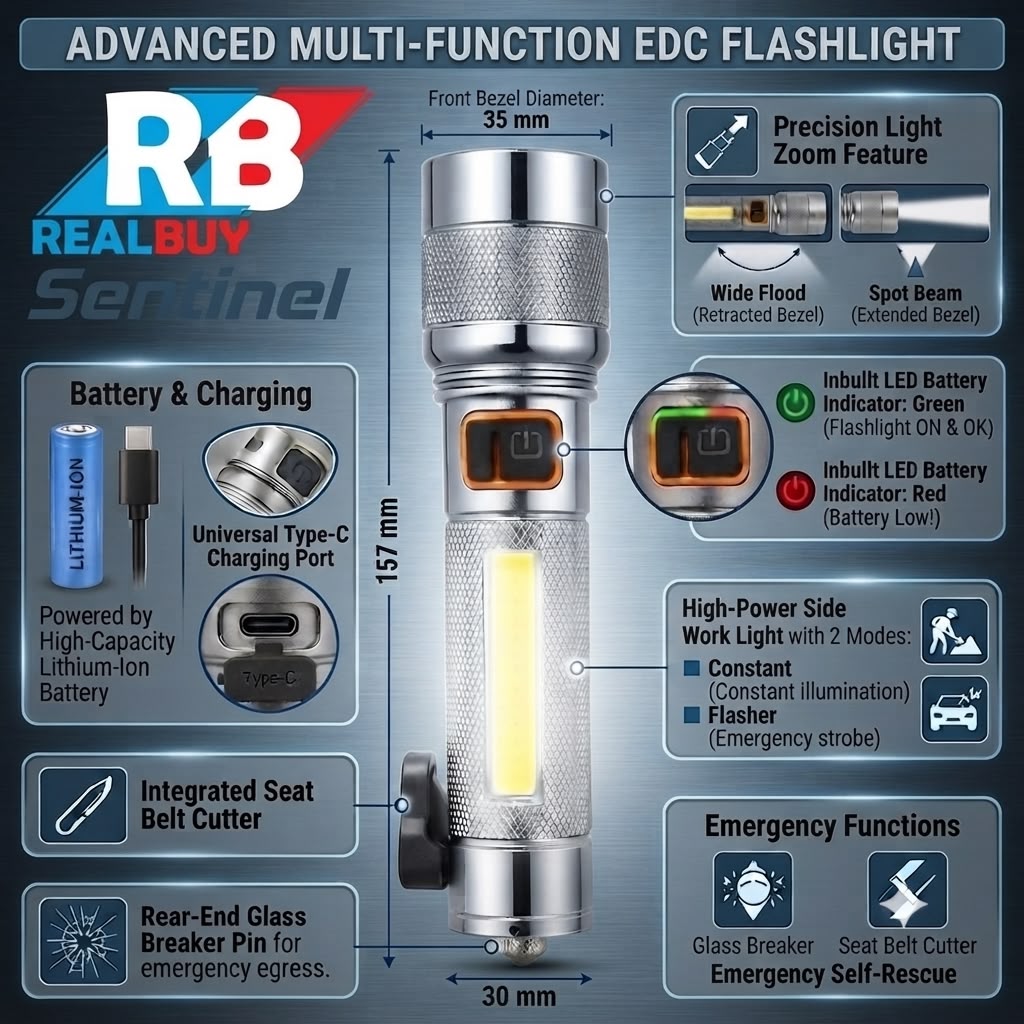 REALBUY 10W Multi-functional EDC LED Flashlight with Light Zoom Feature, Side Work Light and emergency rescue features (1 Year Warranty), Model Name: SENTINEL