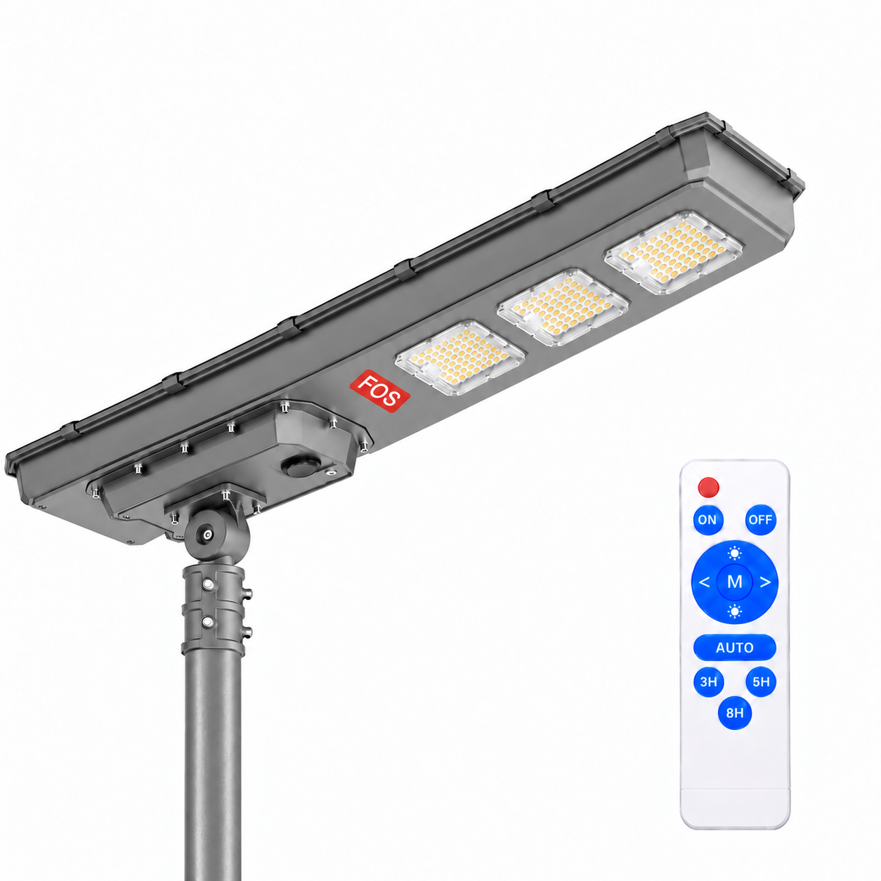 FOS FORTIS 450W Solar Street Light – Hero FOS FORTIS 450W all-in-one solar street light mounted on a pole with remote control