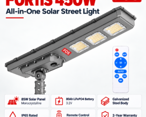 FOS FORTIS 450W solar street light features with 85W solar panel, 80Ah LiFePO4 battery and IP65 protection