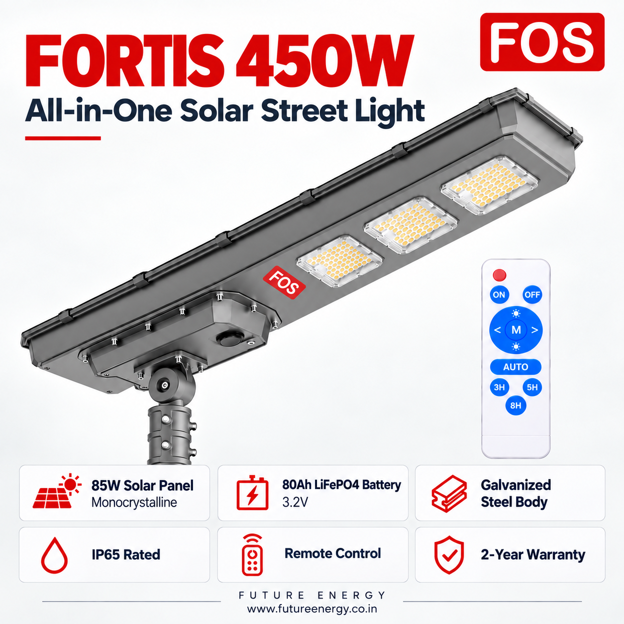 FOS FORTIS 450W solar street light features with 85W solar panel, 80Ah LiFePO4 battery and IP65 protection