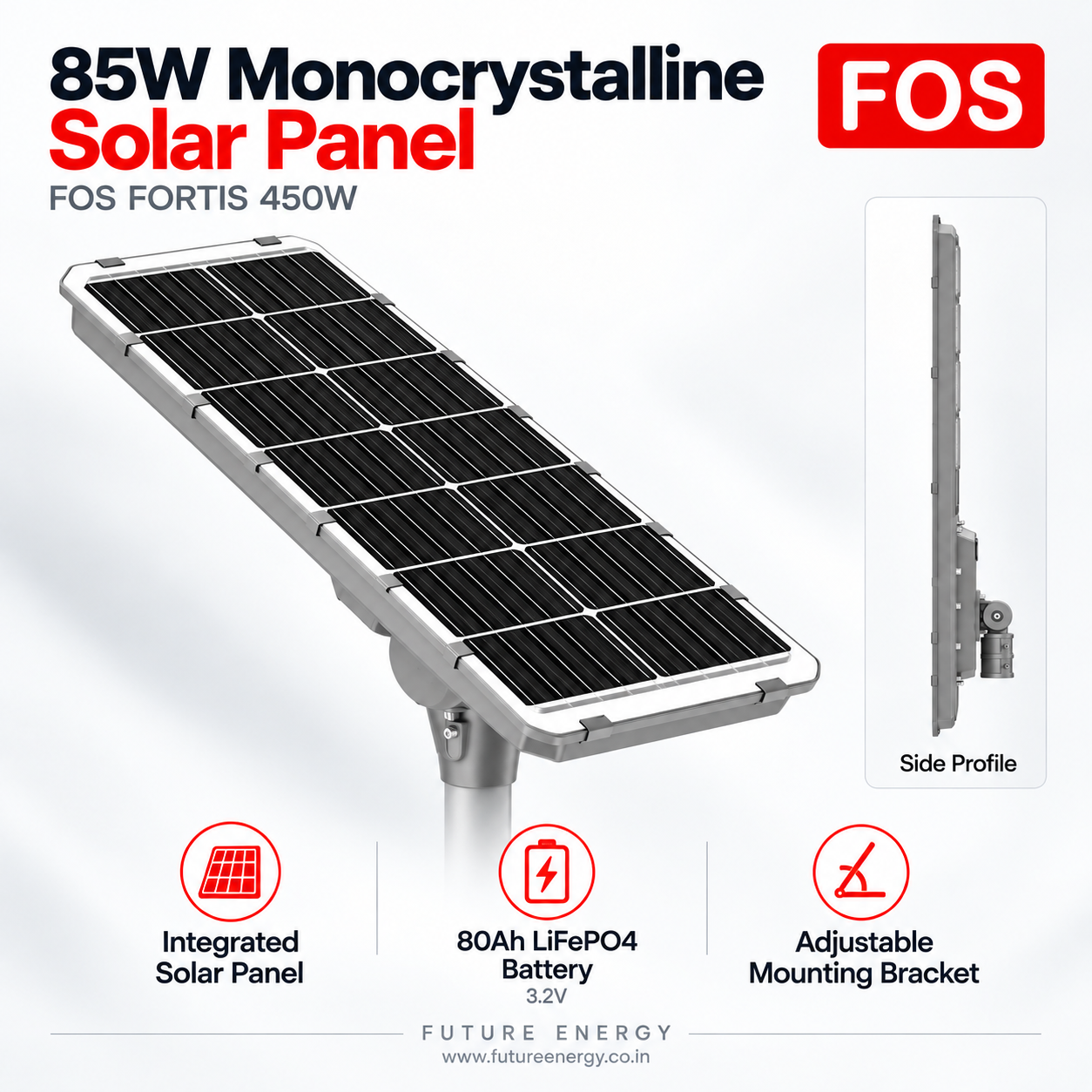 Rear view of FOS FORTIS 450W solar street light showing its integrated 85W monocrystalline solar panel