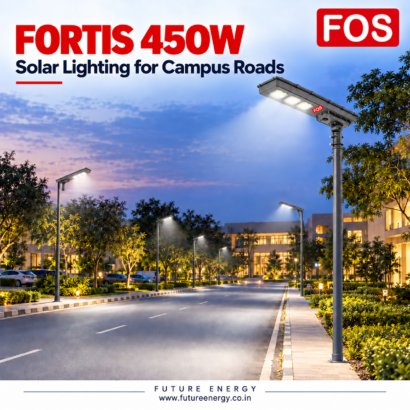 FOS FORTIS 450W solar street lights mounted on single poles to illuminate a campus road at night