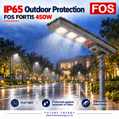 FOS FORTIS 450W solar street lights illuminating a campus road in rain with IP65 protection