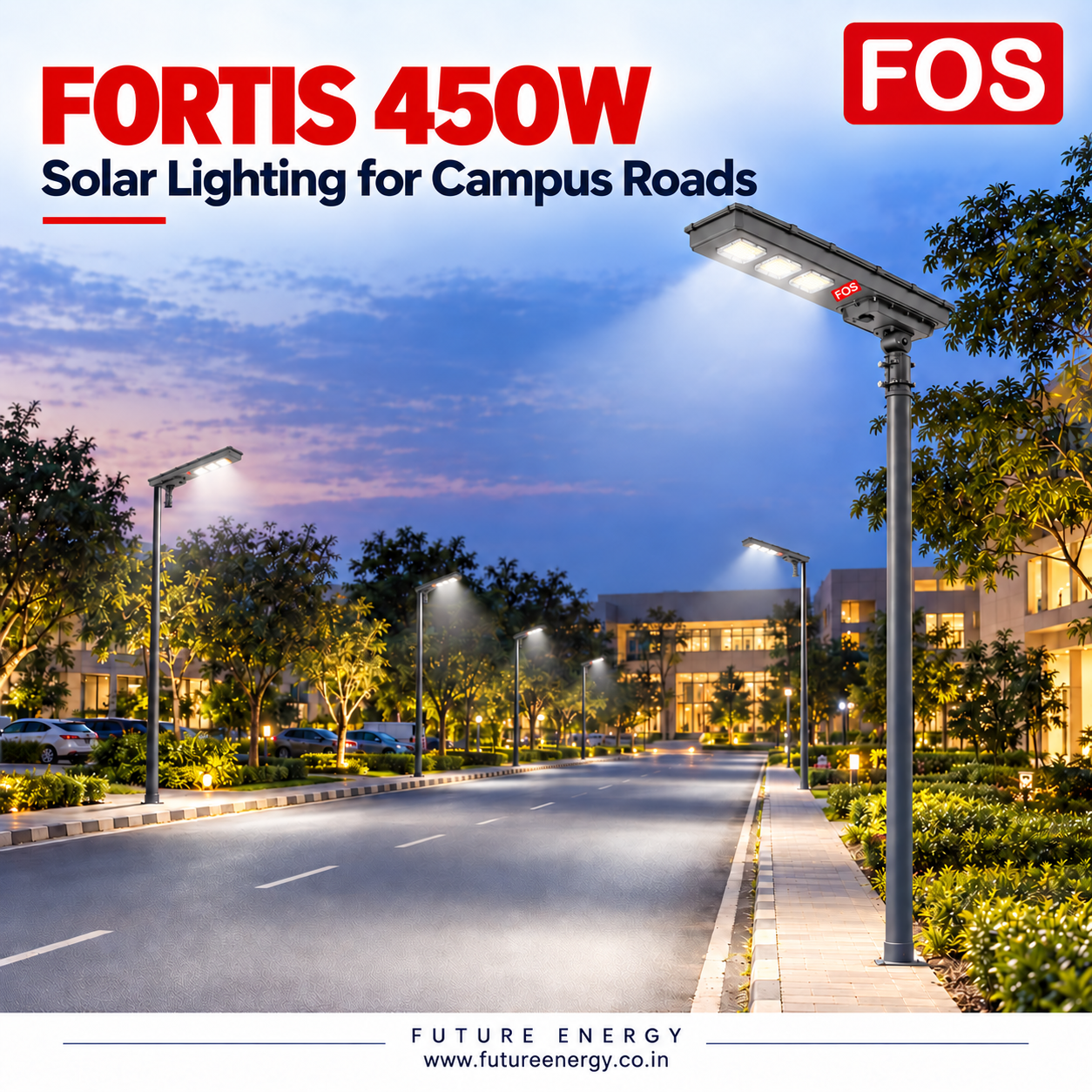 FOS FORTIS 450W solar street lights mounted on single poles to illuminate a campus road at night