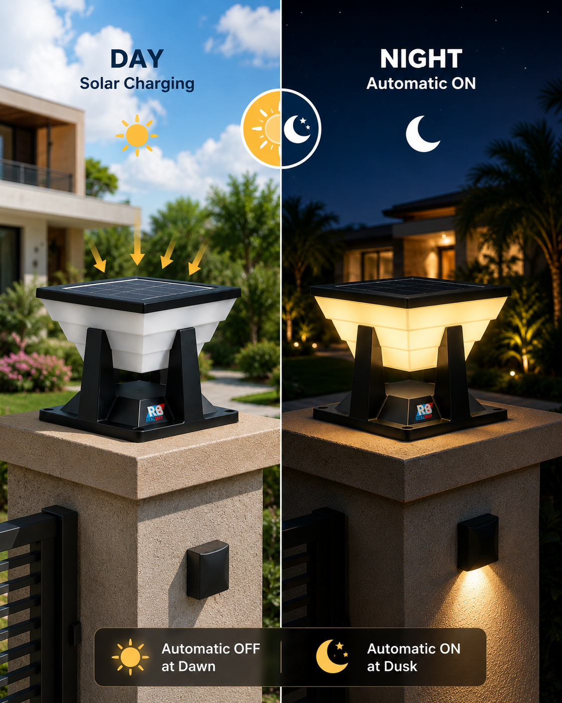 REALBUY LUNAR Solar Gate & Pillar Light – 3-in-1 White, IP65