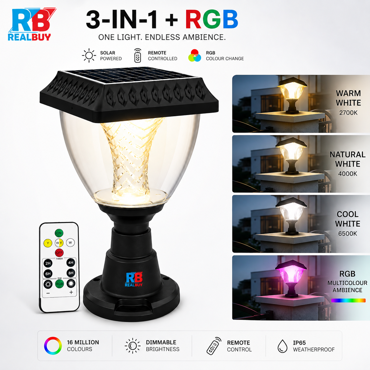 REALBUY ARCADIA Solar Gate & Pillar Light – 3-in-1 + RGB, IP65