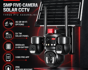 FOS five-camera solar CCTV key features infographic