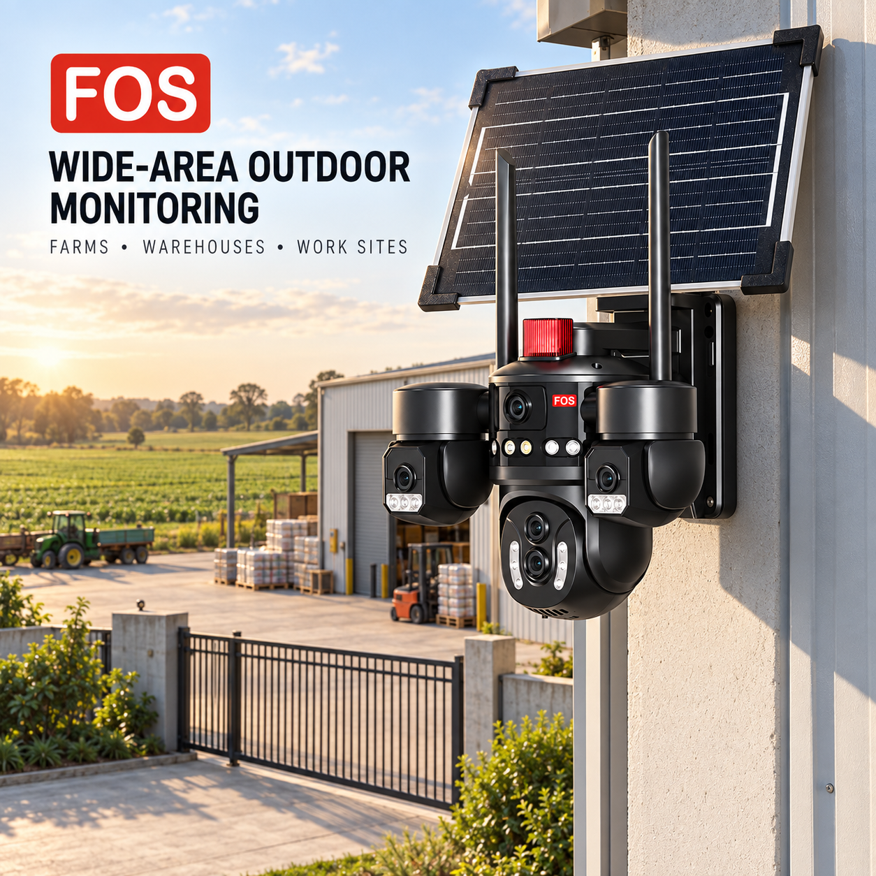 FOS five-camera solar CCTV installed at a farm and warehouse entrance