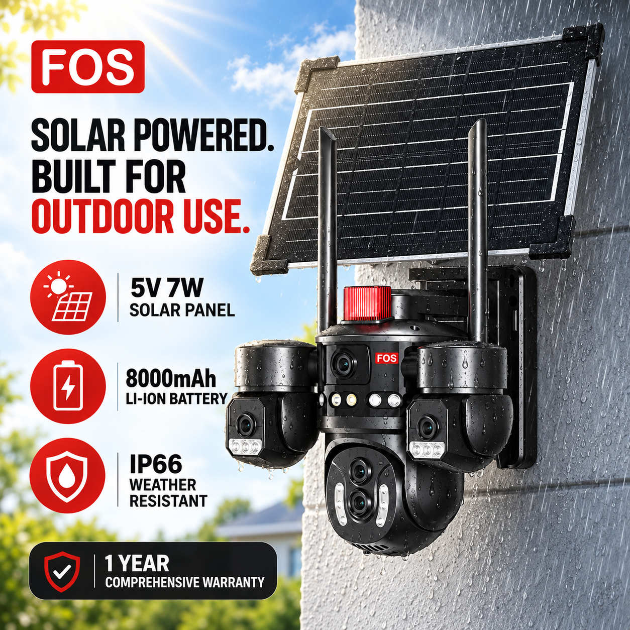 FOS solar CCTV with 7W solar panel, 8000mAh battery and IP66 protection