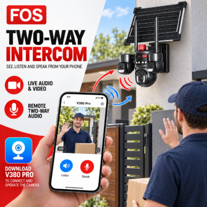 Two-way intercom through V380 Pro on FOS solar CCTV