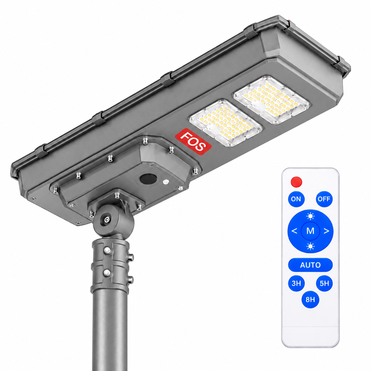 FOS FORTIS 300W Solar Street Light – Hero FOS FORTIS 300W all-in-one solar street light mounted on a pole with remote control