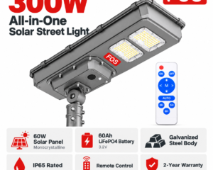 FOS FORTIS 300W solar street light features with 60W solar panel, 60Ah LiFePO4 battery and IP65 protection