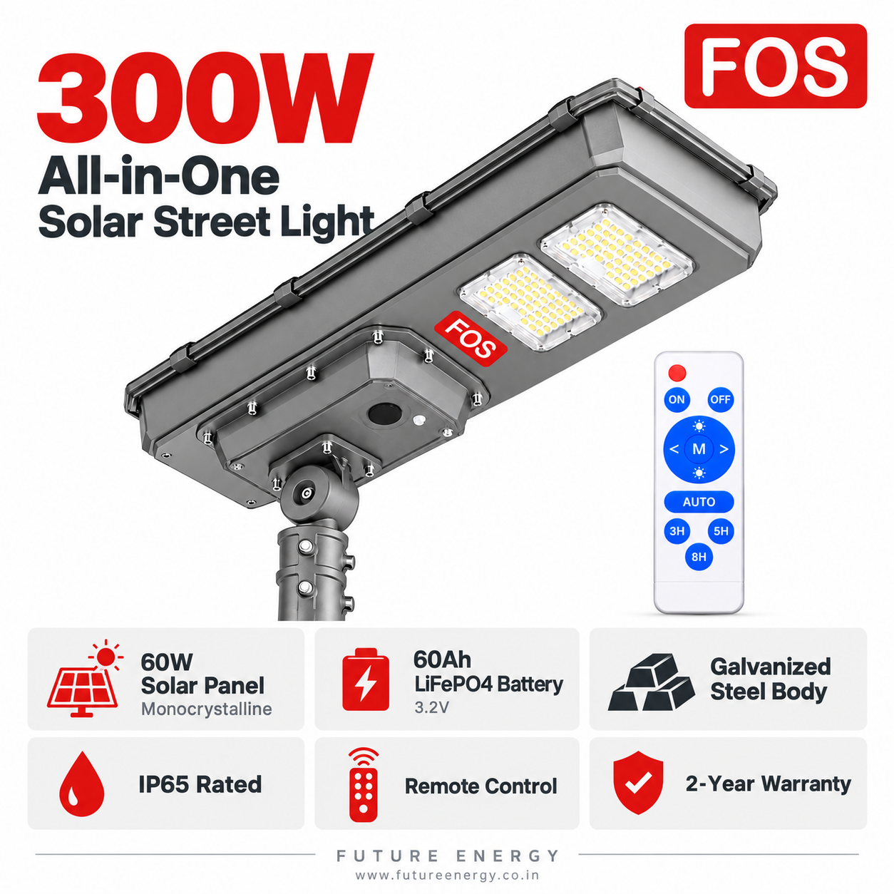 FOS FORTIS 300W solar street light features with 60W solar panel, 60Ah LiFePO4 battery and IP65 protection