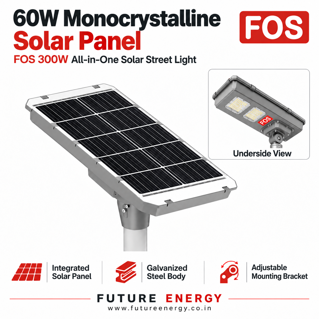 Rear view of FOS FORTIS 300W solar street light showing its integrated 60W monocrystalline solar panel