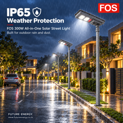 FOS FORTIS 300W solar street lights illuminating a residential outdoor area in rain with IP65 protection
