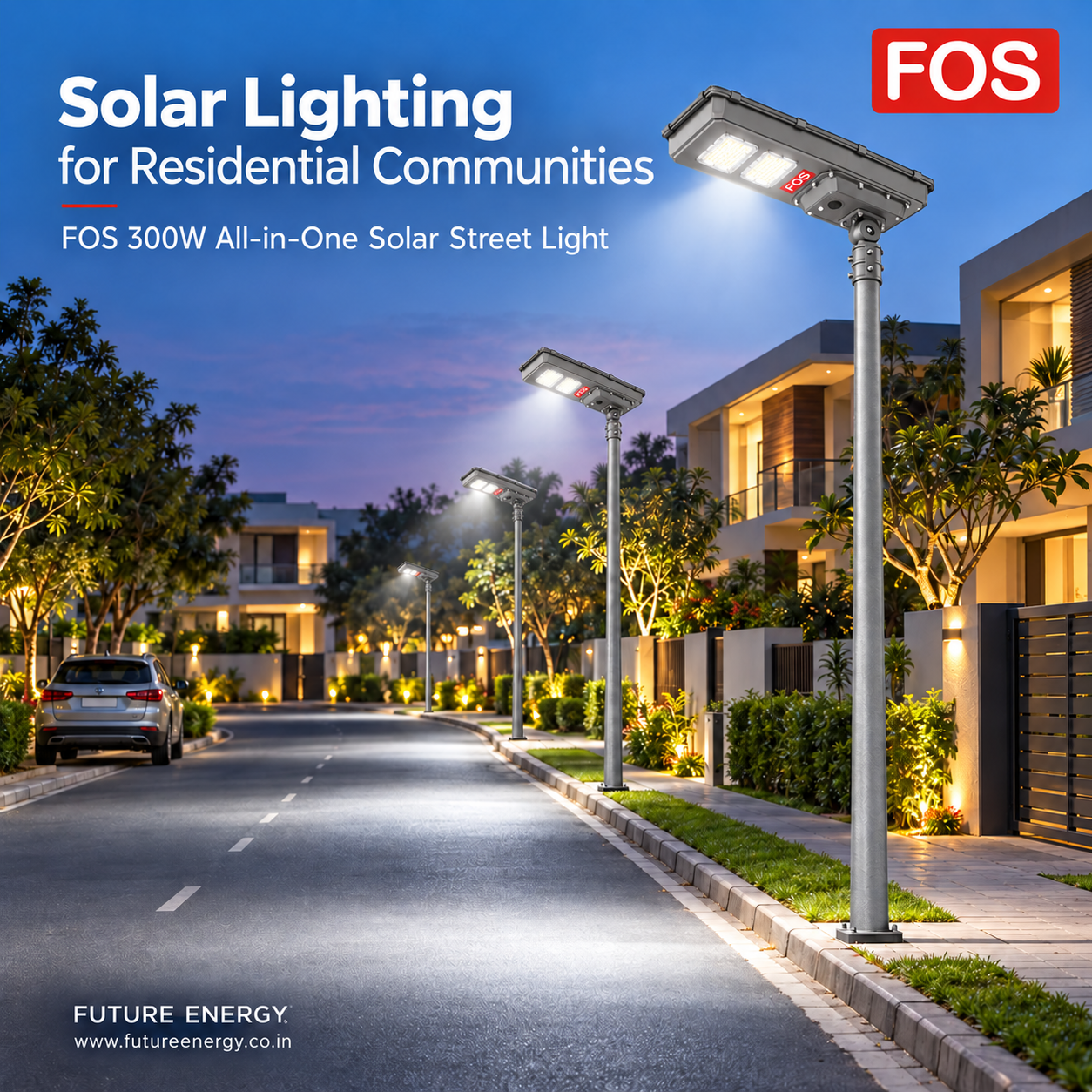 FOS FORTIS 300W solar street lights illuminating a residential outdoor area at night