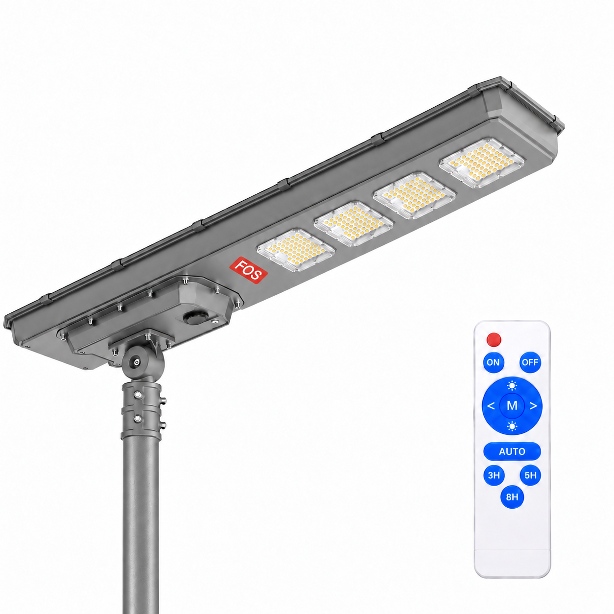 FOS FORTIS 600W Solar Street Light – Hero FOS FORTIS 600W all-in-one solar street light mounted on a pole with remote control